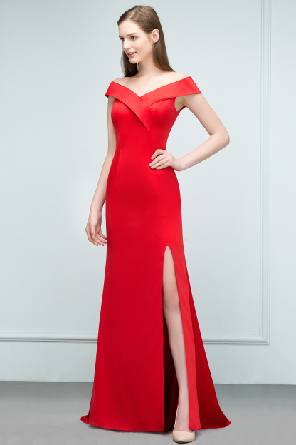 BMbridal Red Off-the-Shoulder Mermaid Prom Dress Long With Split