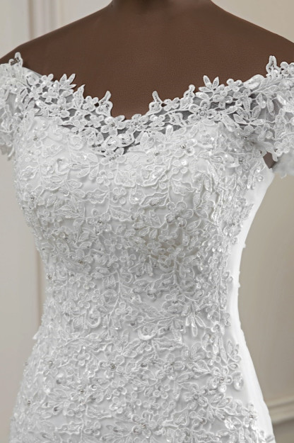 BMbridal Glamorous Sweetheart Lace Beading Wedding Dresses Short Sleeves Appliques Mermaid Bridal Gowns-BMbridal