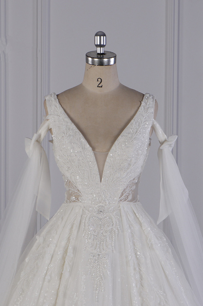 BMbridal Luxury V-Neck Beadings Wedding Dress Tulle Sleeveless Sequined Bridal Gowns On Sale-BMbridal
