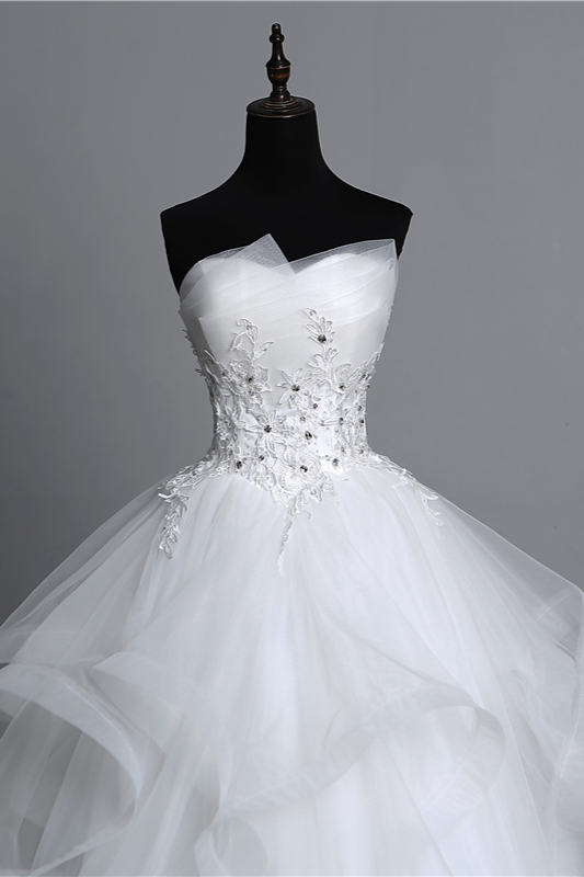 Gorgeous Strapless Tulle Layers Long Ball Gown Wedding Dress with Appliques Beadings