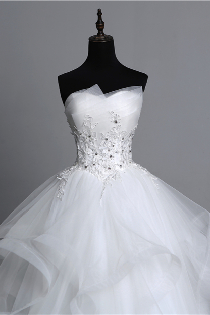 Gorgeous Strapless Tulle Layers Long Ball Gown Wedding Dress with Appliques Beadings