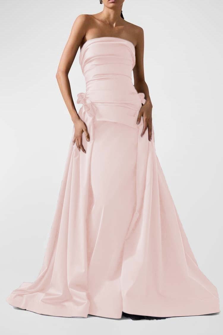 Strapless Backless Sleeveless Long A Line Prom Dress With Pleated