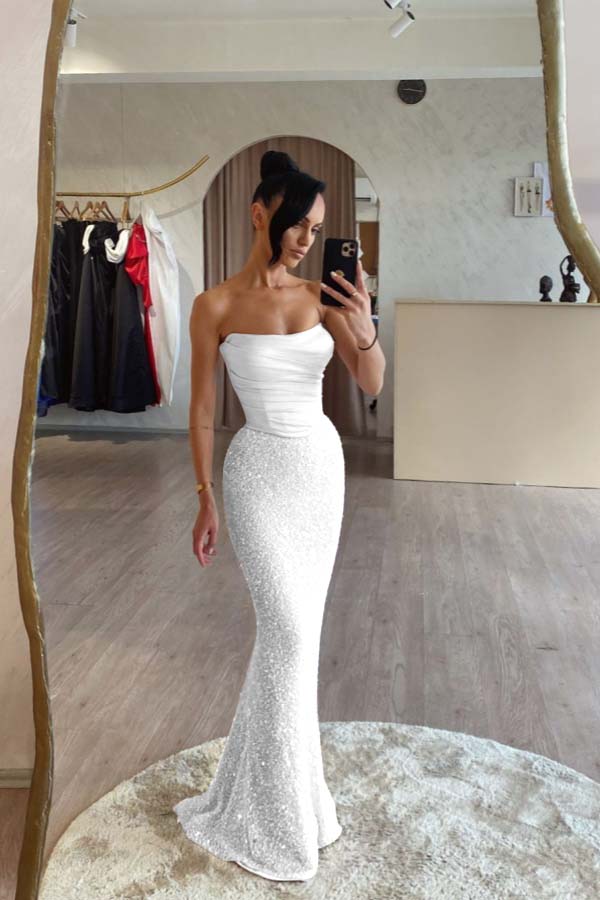 Strapless Sleeveless Long Mermaid Prom Dress With Sequin Pleated