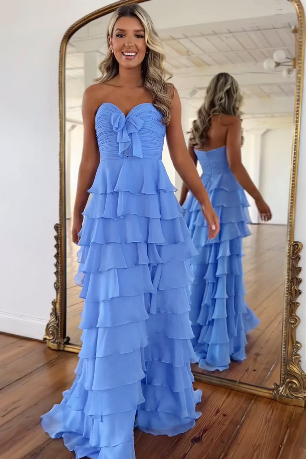 Hot Pink Sweetheart A-Line Chiffon Long Ruffled Prom Dress with Slit