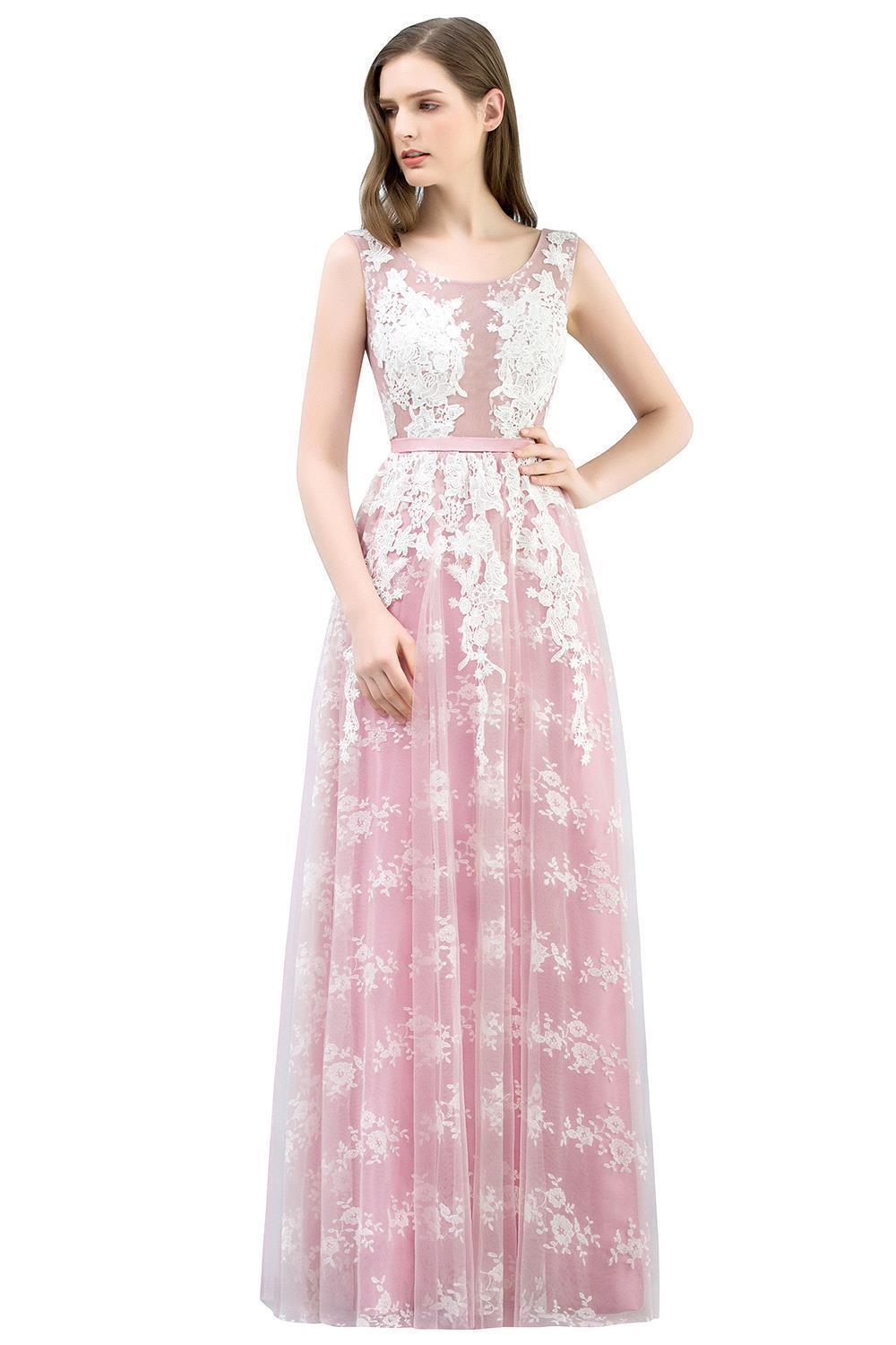 BMbridal Elegant Pink Sleeveless Prom Dress Tulle Long Evening Gowns With Lace Appliques