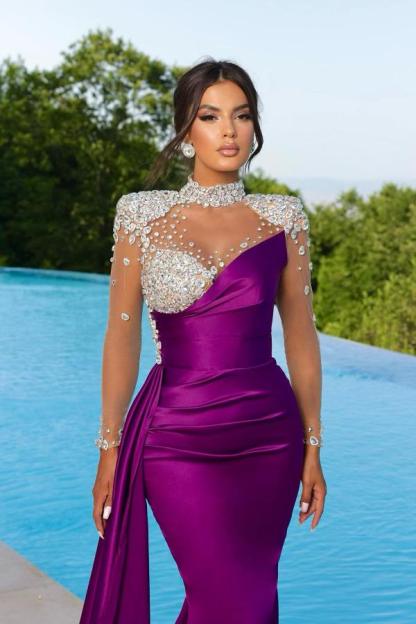Bmbridal Purple Long Sleeves Evening Gown Mermaid Ruffle With Crystals