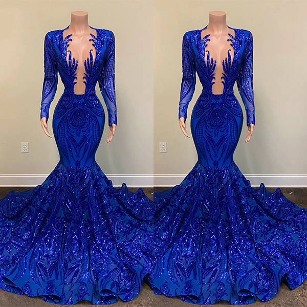 Bmbridal Royal Blue Long Sleeevs Prom Dress Mermaid Sequins Party Gowns
