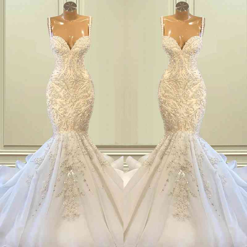 Bmbridal Spaghetti-Straps Sleeveless Wedding Dress Mermaid Long With Beadings-BMbridal