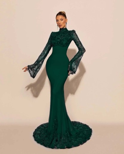 High Neck Lace Long Sleeves Long Mermaid Prom Dress With Pleated
