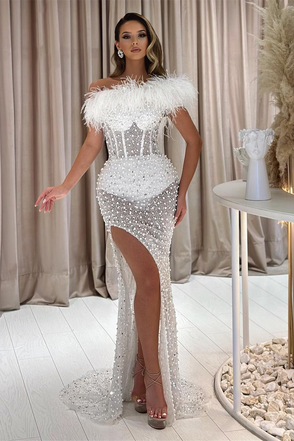 Beautiful Mermaid One Shoulder Sleeveless Rhinestone Sequined Prom Dress With Splites