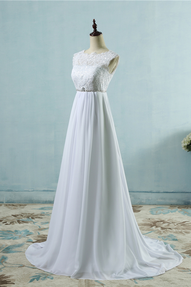 BMbridal Affordable Chiffon Jewel Lace Ruffles Wedding Dress Sleeveless Appliques Bridal Gowns with Beading Sash-BMbridal