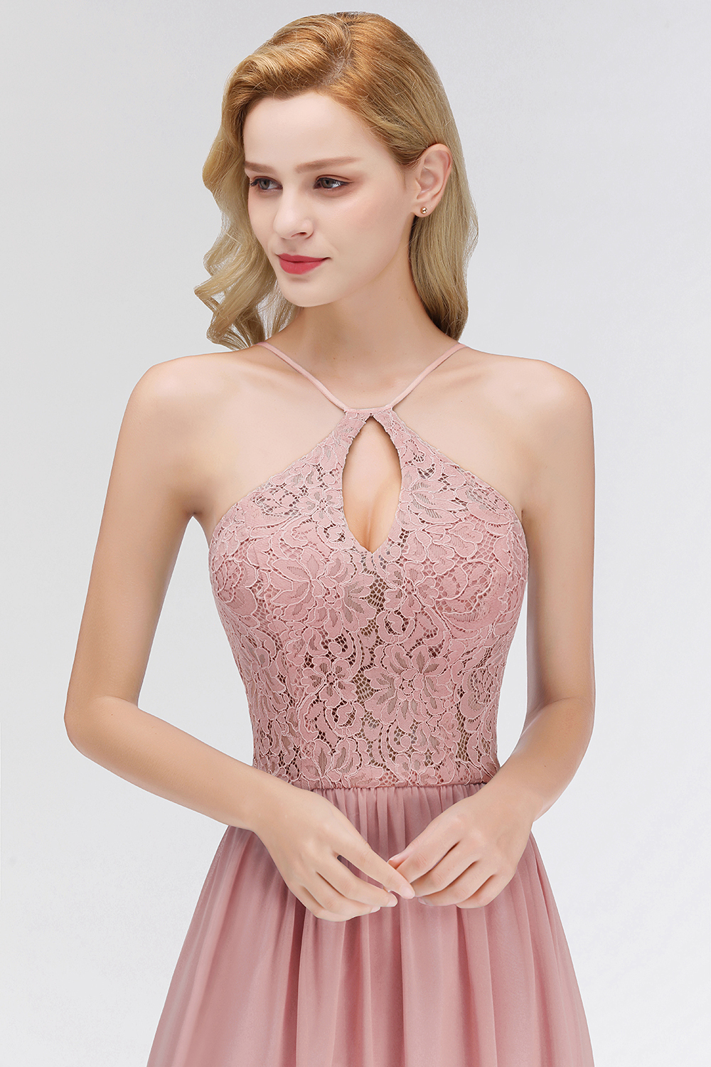BMbridal Elegant Lace Keyhole Halter Dusty Rose Chiffon Bridesmaid Dress Affordable-BMbridal