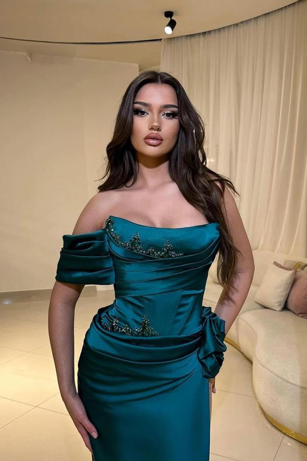 Sexy Floor-Length Off-The-Shoulder Mermaid Satin Prom Dresses with Slit