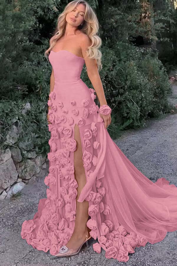 Strapless Sleeveless Long Mermaid Prom Dress With Split Appliques