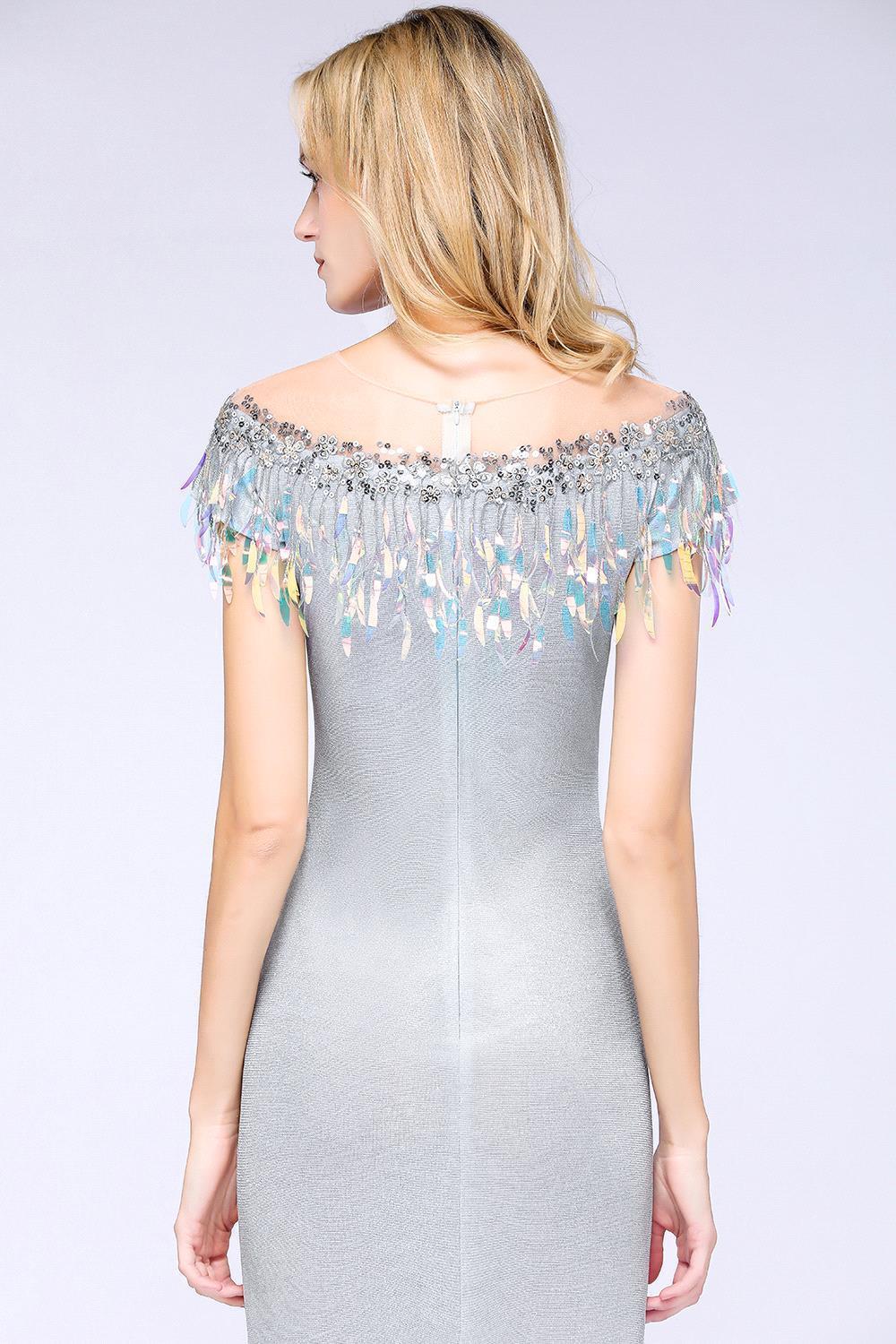 BMbridal Elegant Jewel Short Sleeves Sequins Evening Dress with Tassels