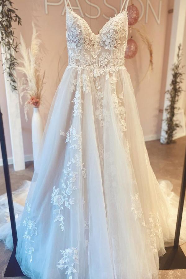 Popular Spaghetti-Straps Backless V-Neck Long A-Line Wedding Dress with Tulle