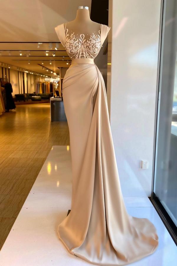 Sexy Sweep Train Mermaid Straps Sleeveless Satin Lace Prom Dresses