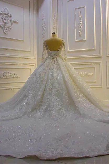 Chic Beading Church Train Sleeves Long Ball Gown Wedding Dress with Lace Appliques