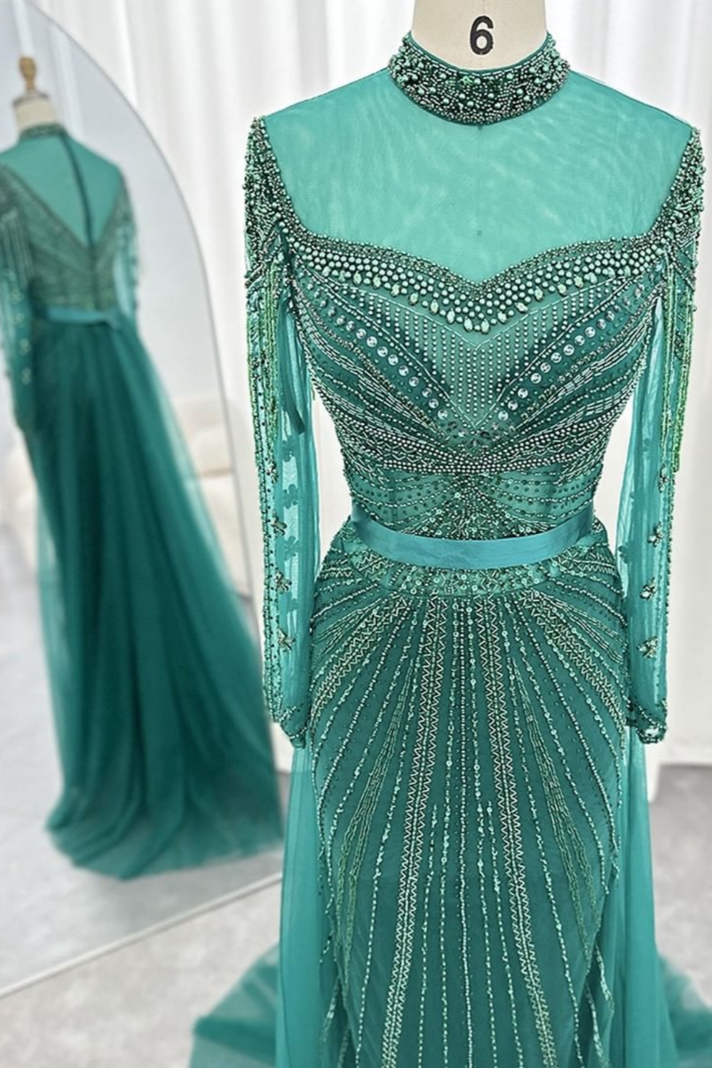 Bmbridal Silver Square A-Line Floor-Length Long Sleeves Prom Dresses with Beadings