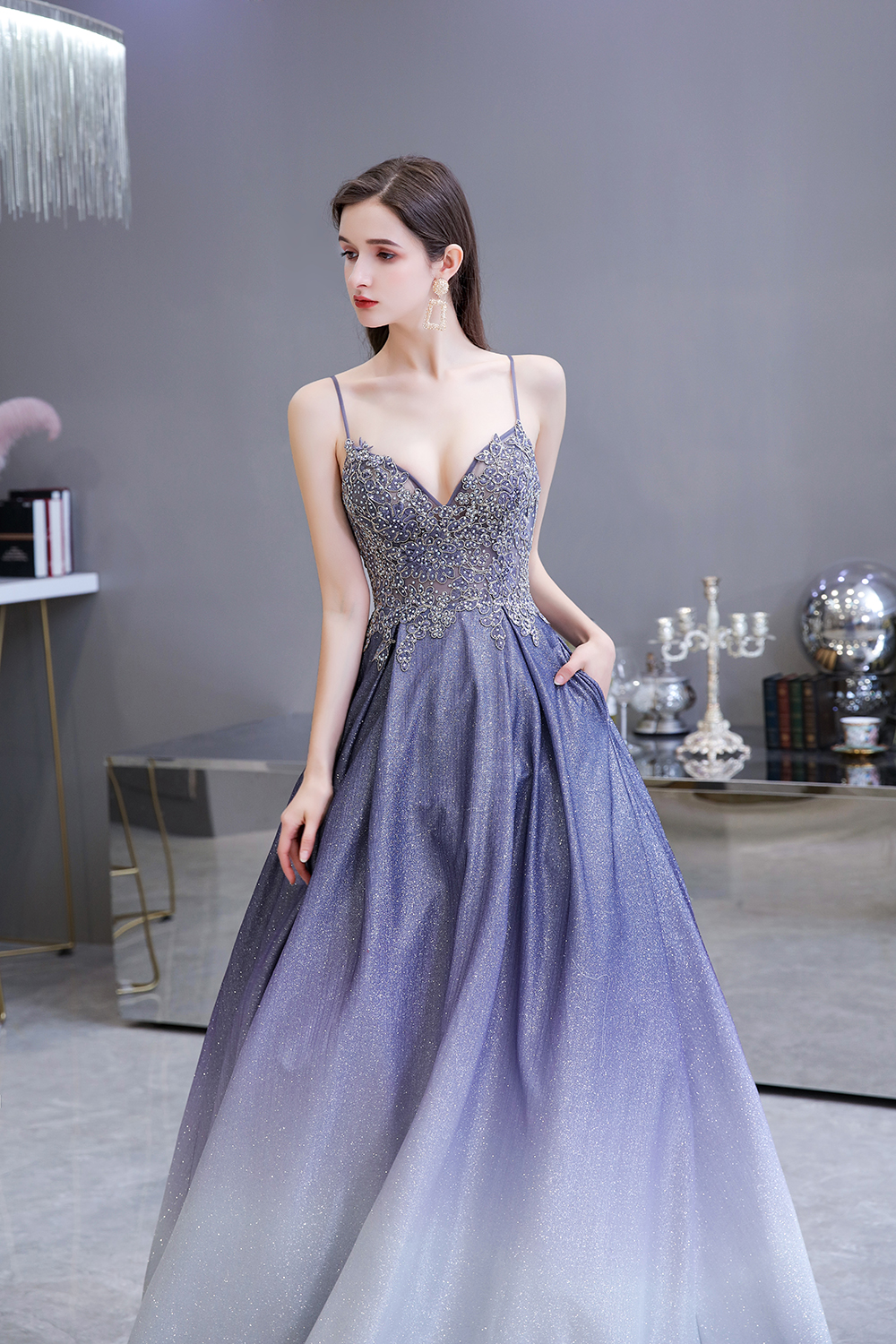 BMbridal Elegant Spaghetti Straps Ombre Prom Dress Long With Appliques Beads