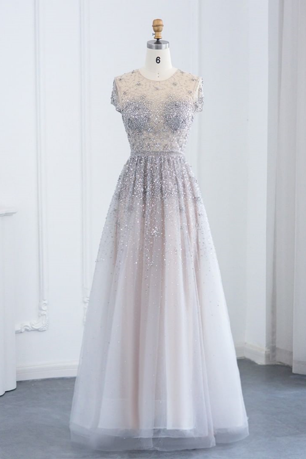Bmbridal Red A-Line Short Sleeves Floor-Length Prom Dresses with Beadings