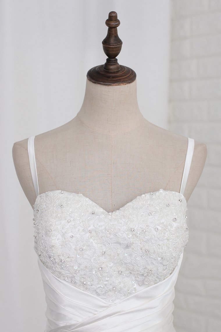 BMbridal Stylish Straps Sweetheart Wedding Dress White Satin Lace Appliques Beadings Bridal Gowns Online-BMbridal