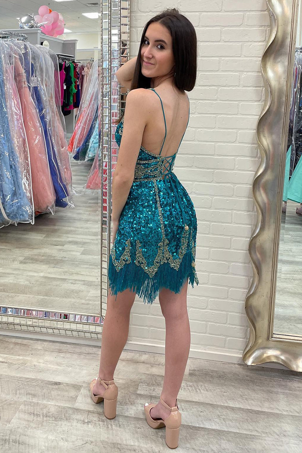 Turquoise Sequined Homecoming Dress With Fringes-BMbridal
