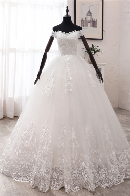 BMbridal Ball Gown Off-the-Shoulder Lace Appliques Wedding Dresses White Tulle Sleeveless Bridal Gowns-BMbridal
