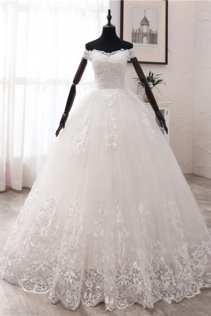 BMbridal Ball Gown Off-the-Shoulder Lace Appliques Wedding Dresses White Tulle Sleeveless Bridal Gowns-BMbridal