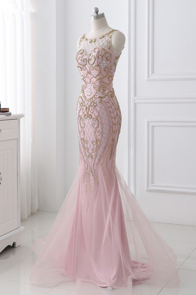BMbridal Gorgeous Jewel Pink Tulle Prom Dresses Mermaid Rhinestones Appliques Formal Dresses On Sale