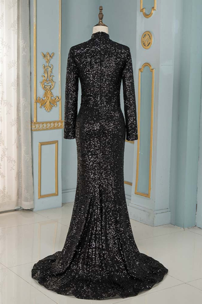 BMbridal Sparkly Sequined High-Neck Black Prom Dresses with Long Sleeves