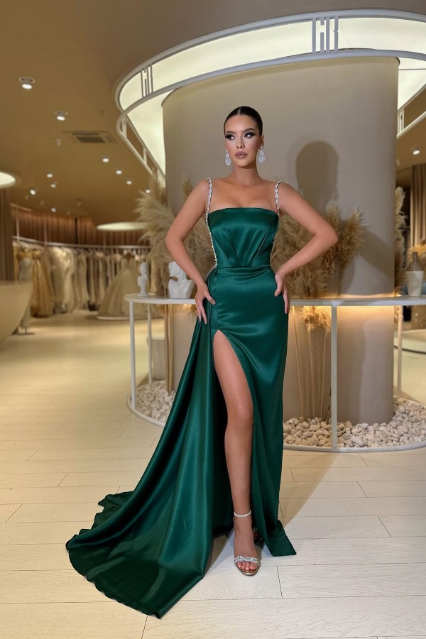 Bmbridal Dark Green Prom Dress Straps Mermaid Long With Slit
