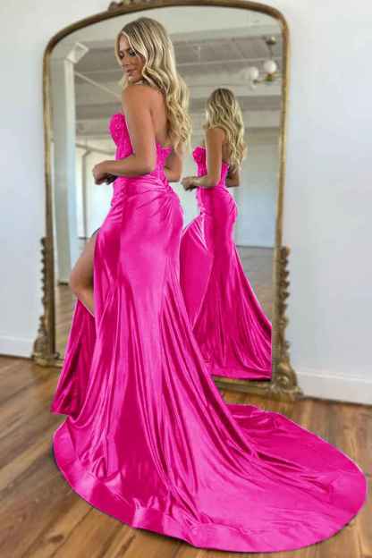 Navy Mermaid Sweetheart Long Corset Prom Dress with Slit