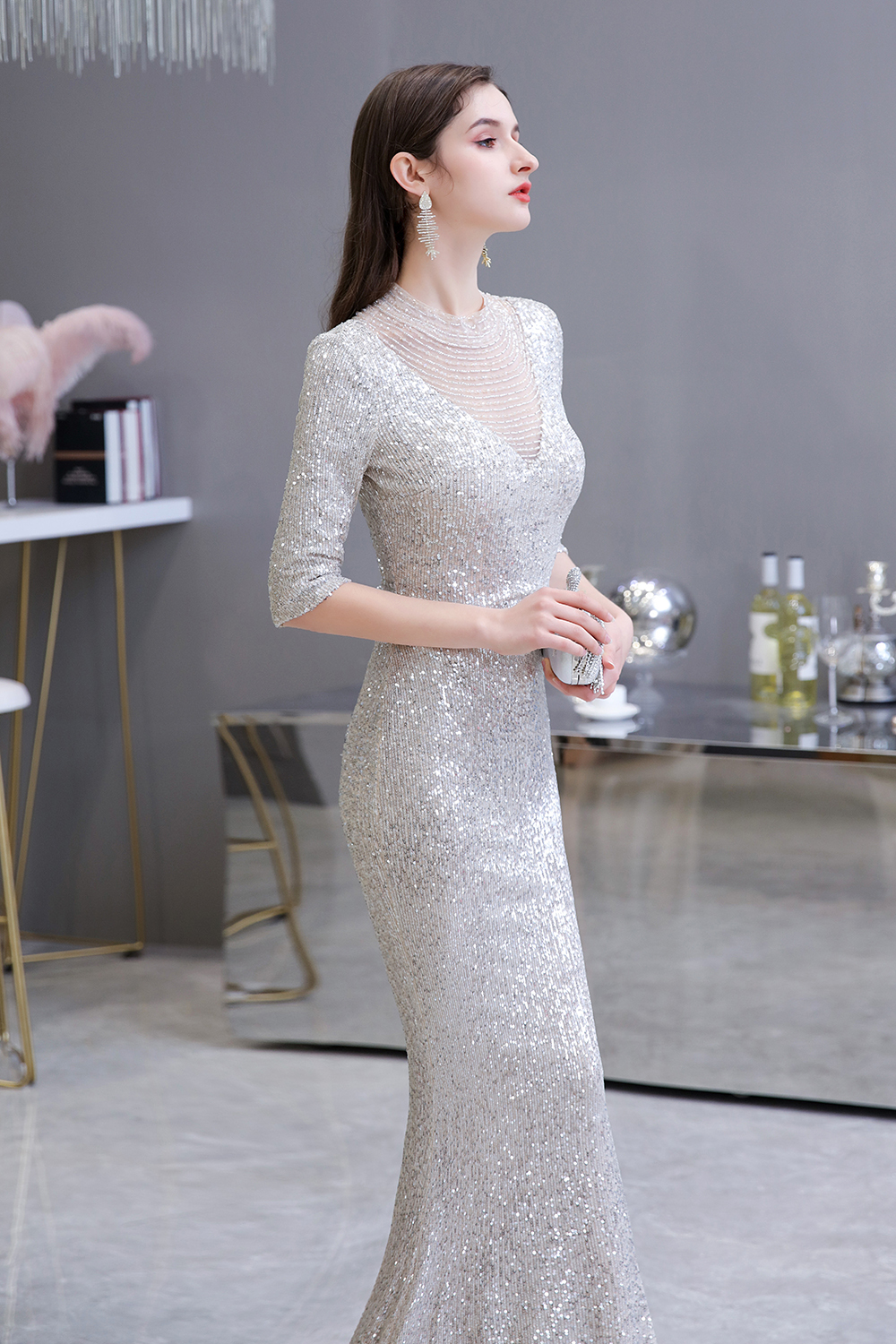 BMbridal Silver Half Sleeve Sequins Prom Dress Mermaid Long Evening Gowns
