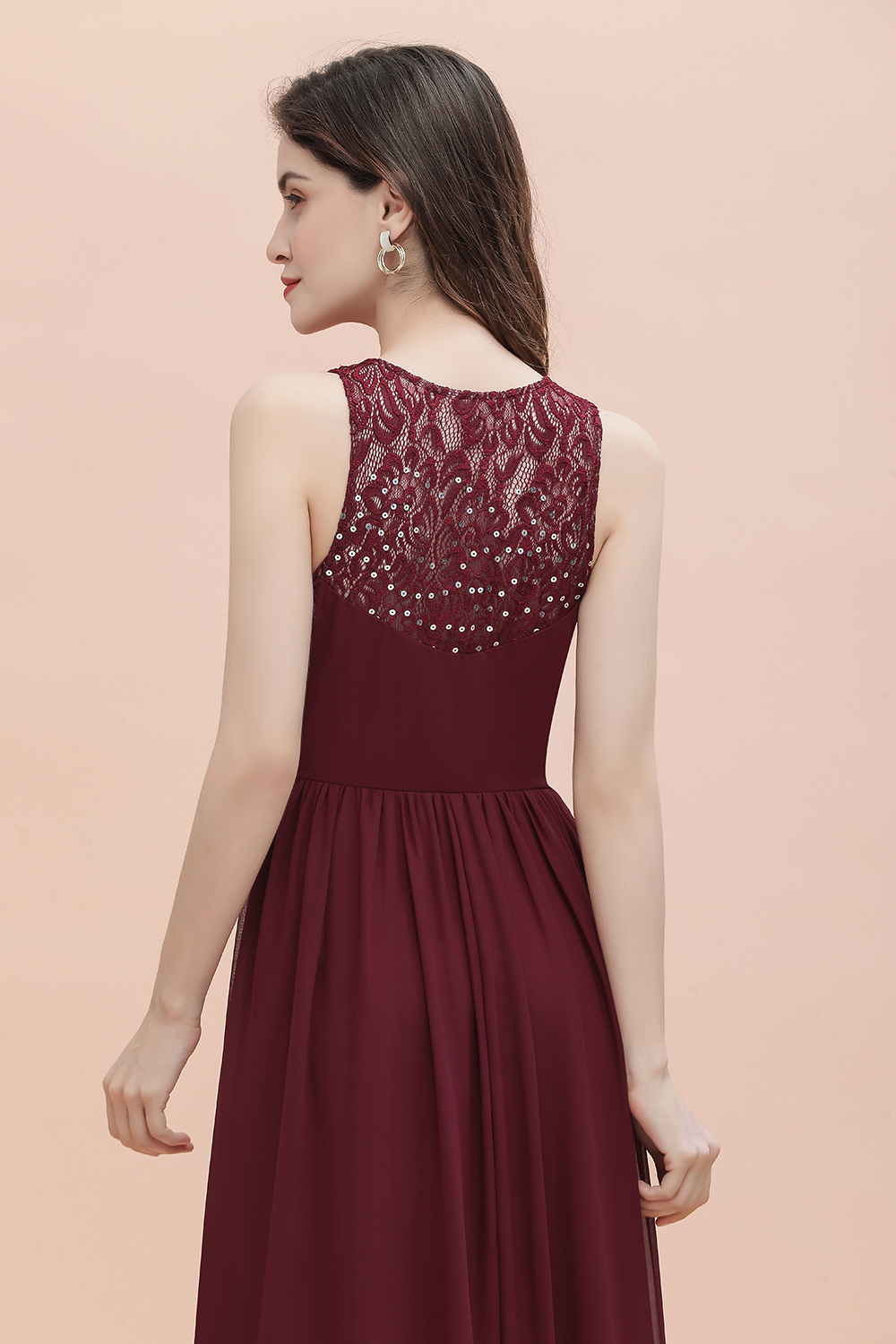 BMbridal Elegant V-Neck Lace Ruffles Bridesmaid Dress Sequins Burgundy Chiffon Evening Dress