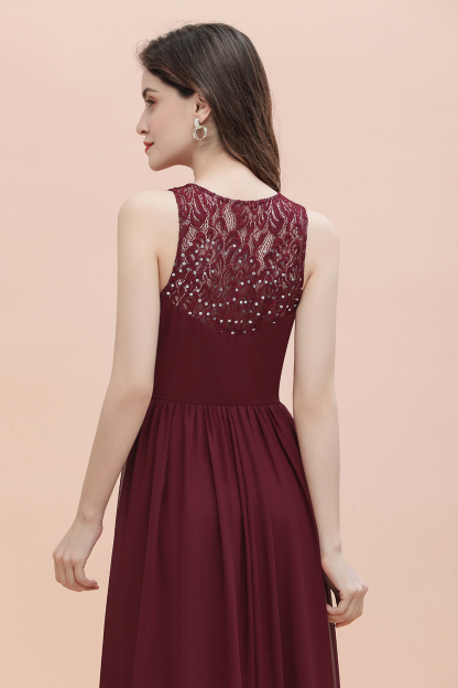 BMbridal Elegant V-Neck Lace Ruffles Bridesmaid Dress Sequins Burgundy Chiffon Evening Dress