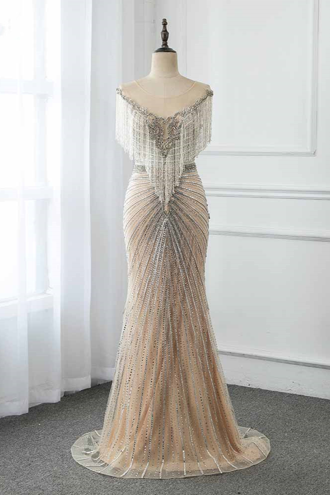 BMbridal Luxury Tulle Jewel Beadings Mermaid Prom Dresses with Tassels Online