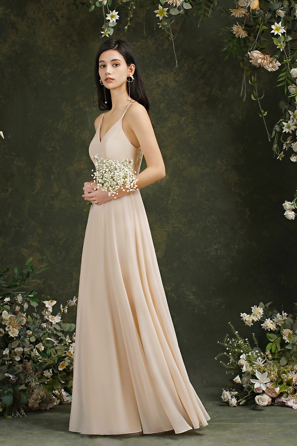 BMbridal Spaghetti-Straps V-Neck Champagne Bridesmaid Dress Long Sleeveless