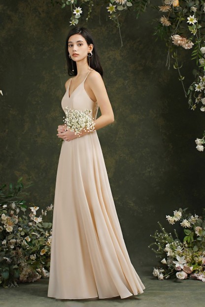 BMbridal Spaghetti-Straps V-Neck Champagne Bridesmaid Dress Long Sleeveless