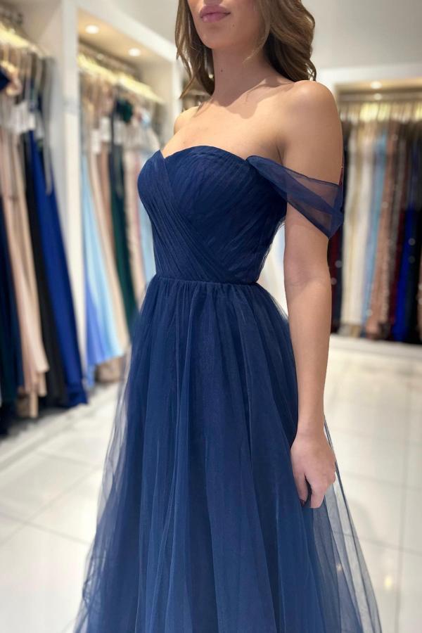 Bmbridal Dark Navy Tulle Prom Dress Long Off-the-Shoulder