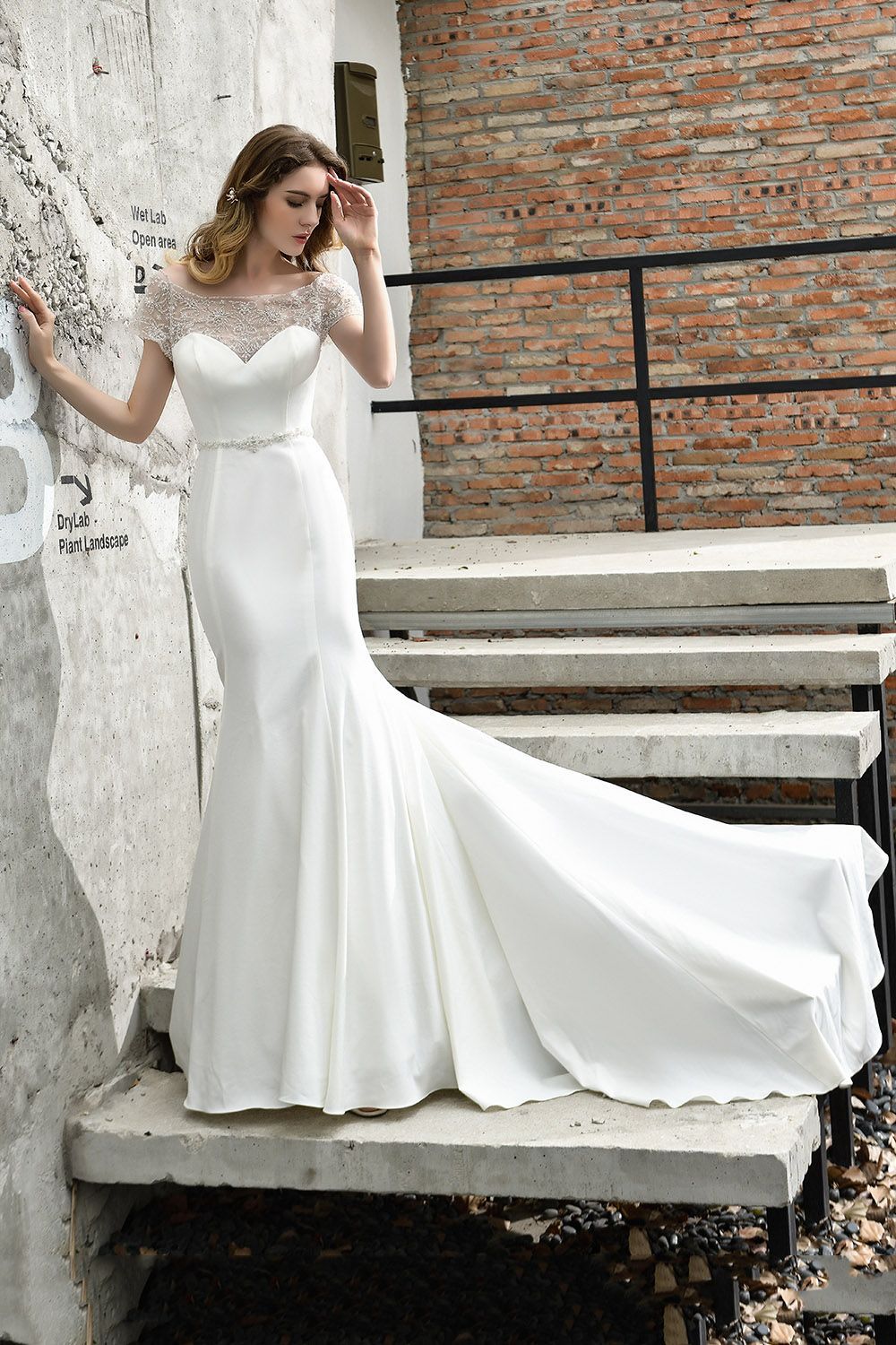 BMbridal Mermaid Satin Lace Off the Shoulder Affordable Ivory Wedding Dress