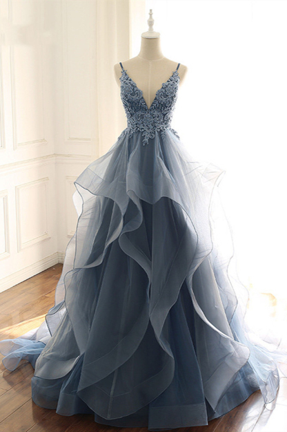 BMbridal Chic Tulle Spaghetti Straps V-Neck Prom Dresses with Appliques Online