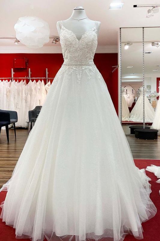 BMbridal Spaghetti Straps Tulle V Neck Ruffles Backless Wedding Dresses-BMbridal