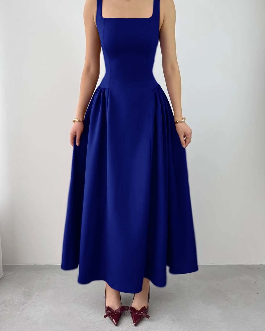 Sleeveless Square Neck Straps Tea Length Prom Dress With Pleated