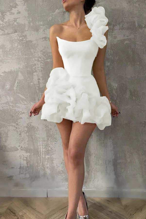 One Shoulder Sleeveless Short Prom Dress With Pleated Tulle