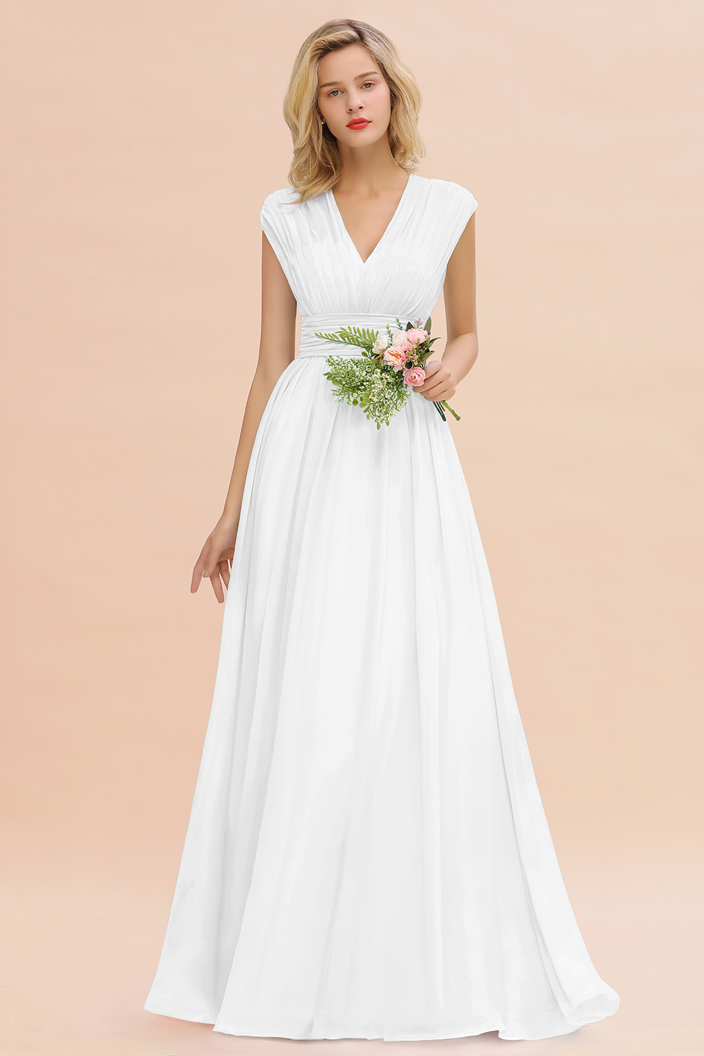 BMbridal Elegant Chiffon V-Neck Ruffle Long Bridesmaid Dresses Affordable-BMbridal
