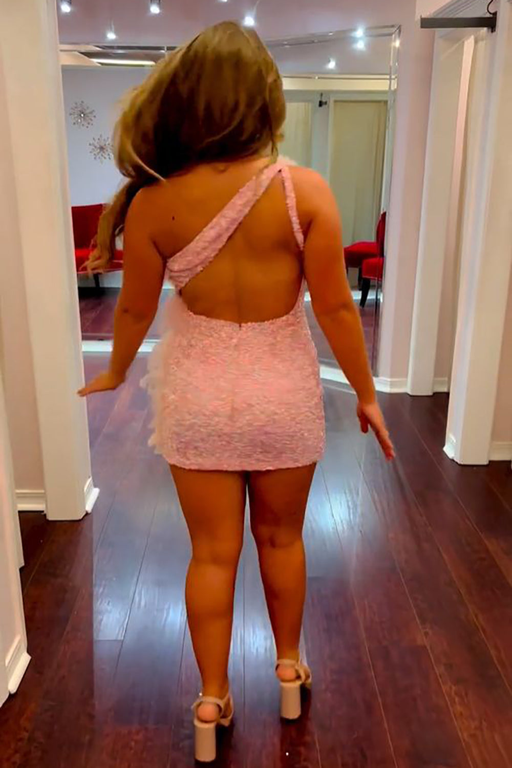 Sparkly Pink Sequined Backless Tight Homecoming Dress with Feathers-BMbridal