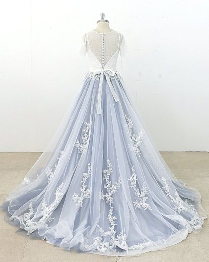 BMbridal AffordableBlue Gray Tulle Ivory Lace Wedding Dress Short Sleeve Beach Bridal Gowns On Sale