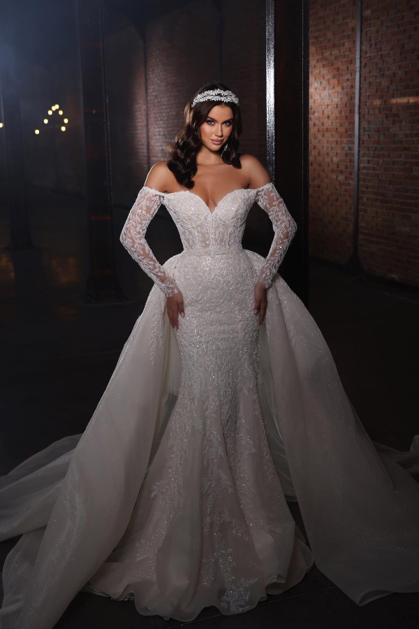 Bmbridal Long Sleeves Wedding Dress Lace Mermaid With Detachable Skirt-BMbridal