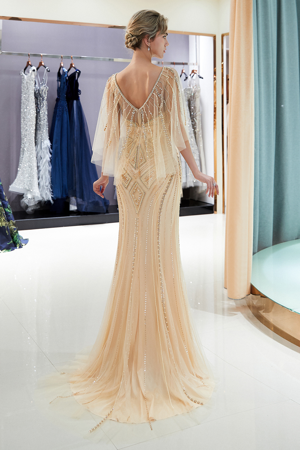 BMbridal Affordable Mermaid Sweetheart Prom Dresses Illusion Neckline Sequins Beading Evening Dresses-BMbridal